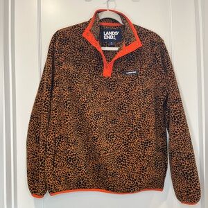 Lands' End Med Leopard Print Heritage Fleece Snap Neck Pullover with Orange Trim